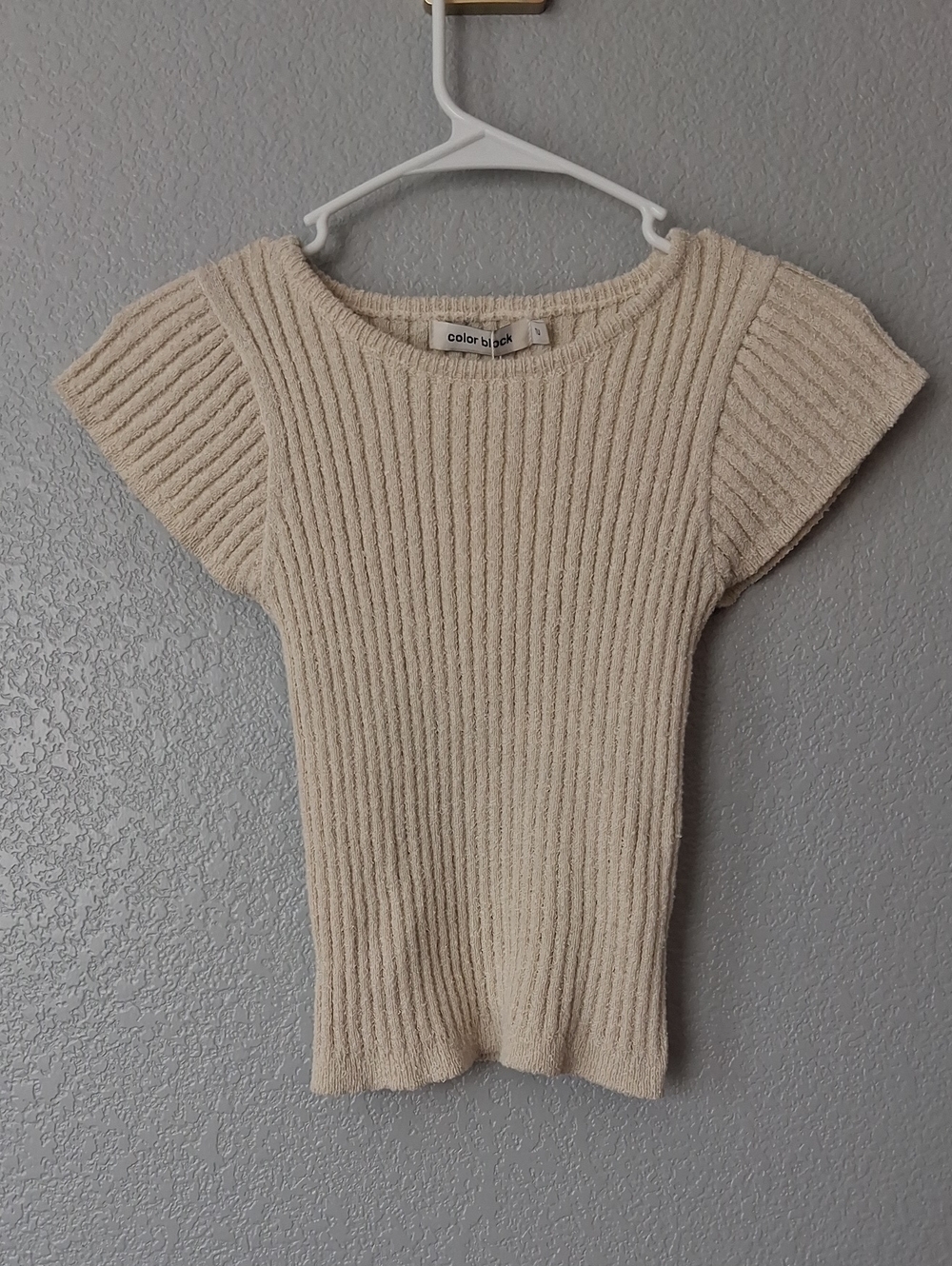 Cream Ribbed Short-Sleeve Sweater Top